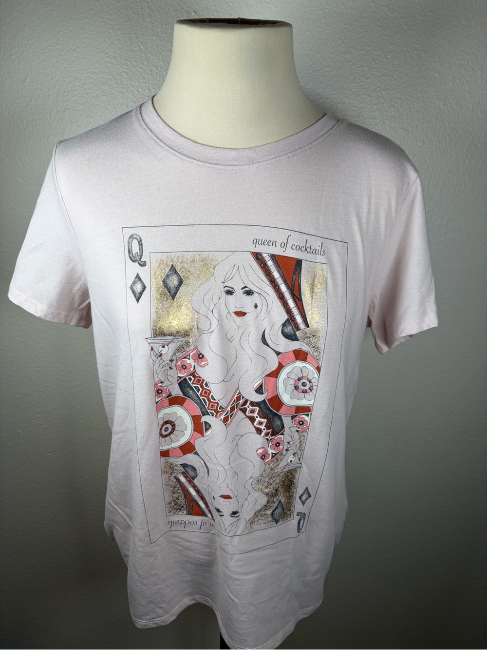 Lucky Brand Women’s “Queen of Cocktails” Pink Classic Crew Tee - Medium